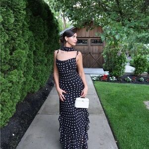 LPA Black and White Polka Dot Spaghetti Strap Gown with Matching Scarf - size XS